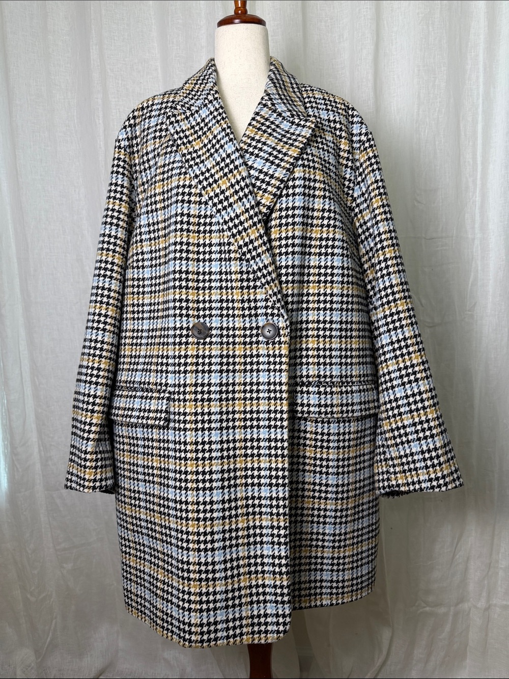 a new day Houndstooth Double-Breasted Pea Coat in Black, White & Tan